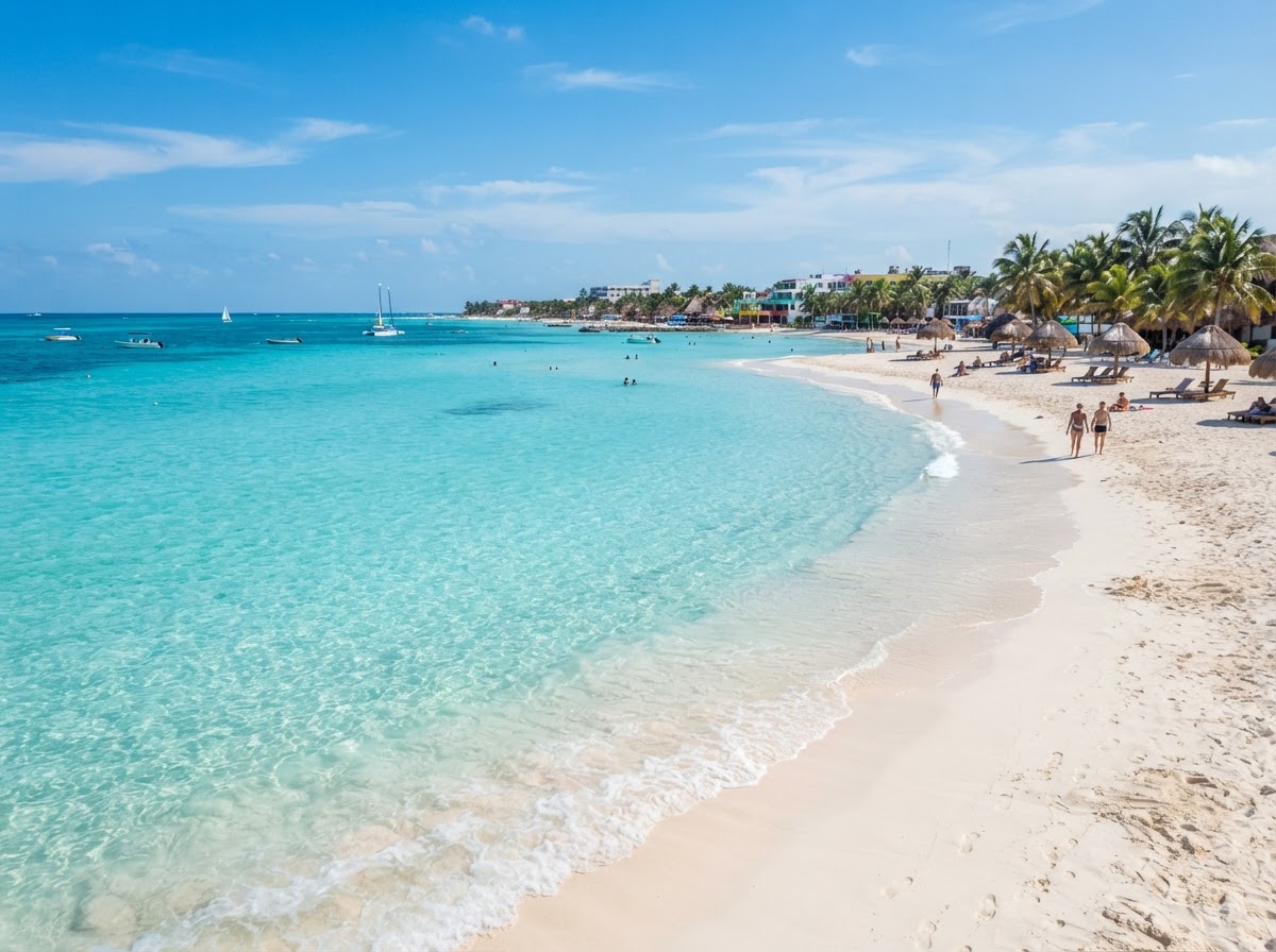 Stunning Playa Norte beach with exceptionally clear turquoise water, soft white sand, and tropical sunshine in Isla Mujeres