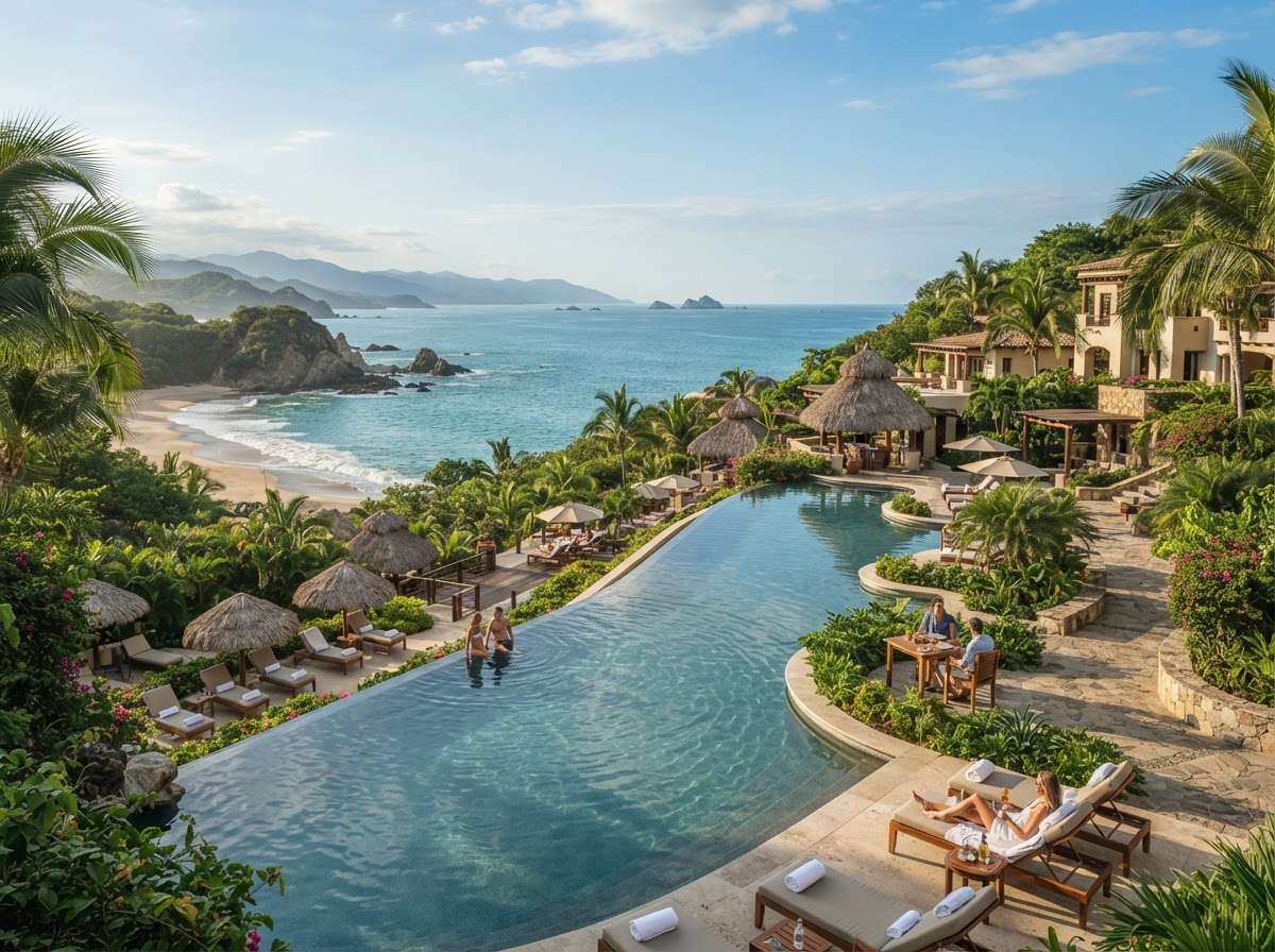 Beautiful Punta Mita or Riviera Nayarit luxury oceanfront resort surrounded by lush tropical scenery and Pacific coastline