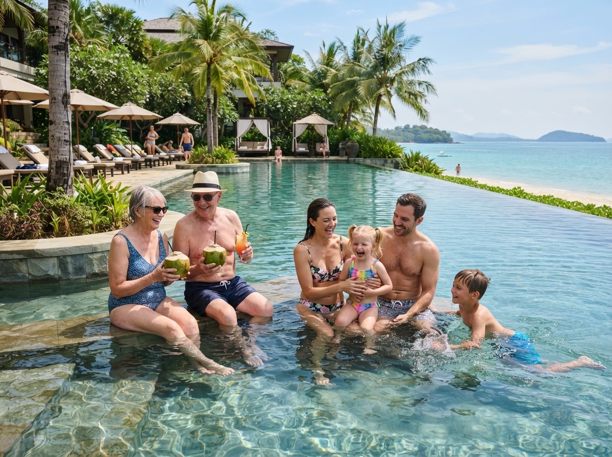 A multigenerational family enjoying a beautiful upscale resort pool in a tropical vacation setting together