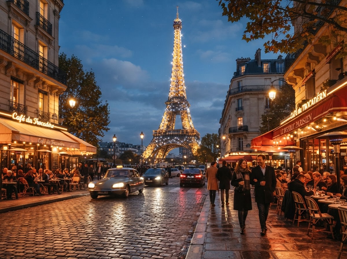 A beautiful evening image of the Eiffel Tower in Paris with romantic Parisian streets and warm golden city lights