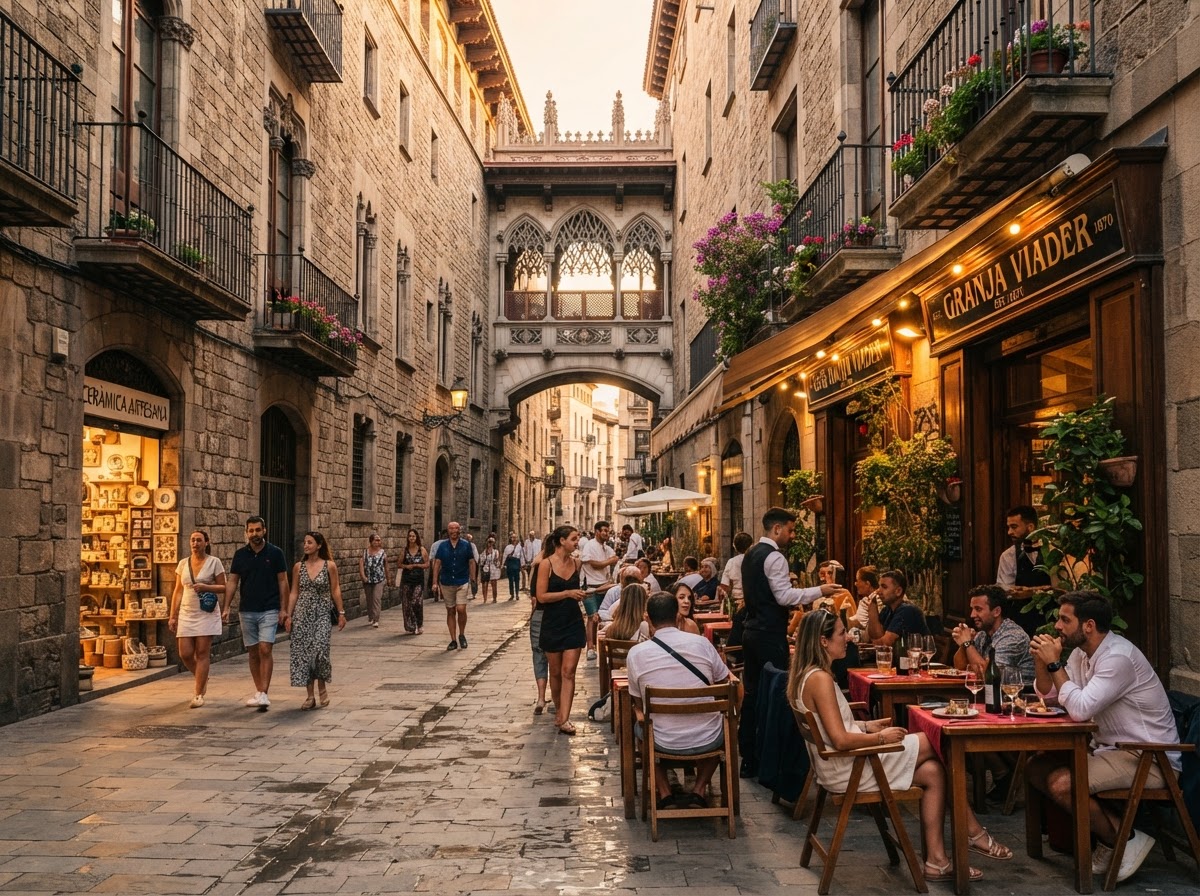 An atmospheric Barcelona street scene featuring authentic historic architecture, inviting cafés, and warm Mediterranean light