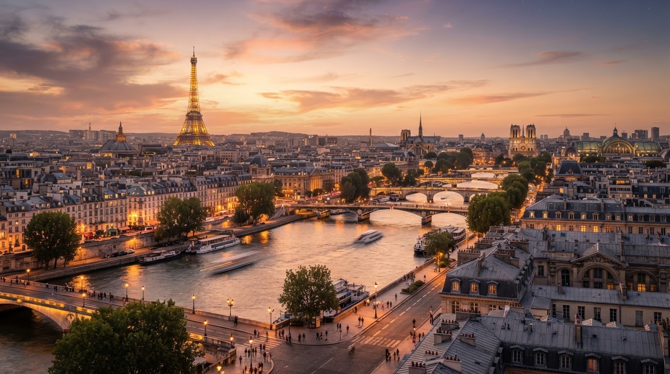 A romantic panoramic European travel photograph featuring a beautiful Parisian skyline at sunset, the Seine River, and soft golden lighting