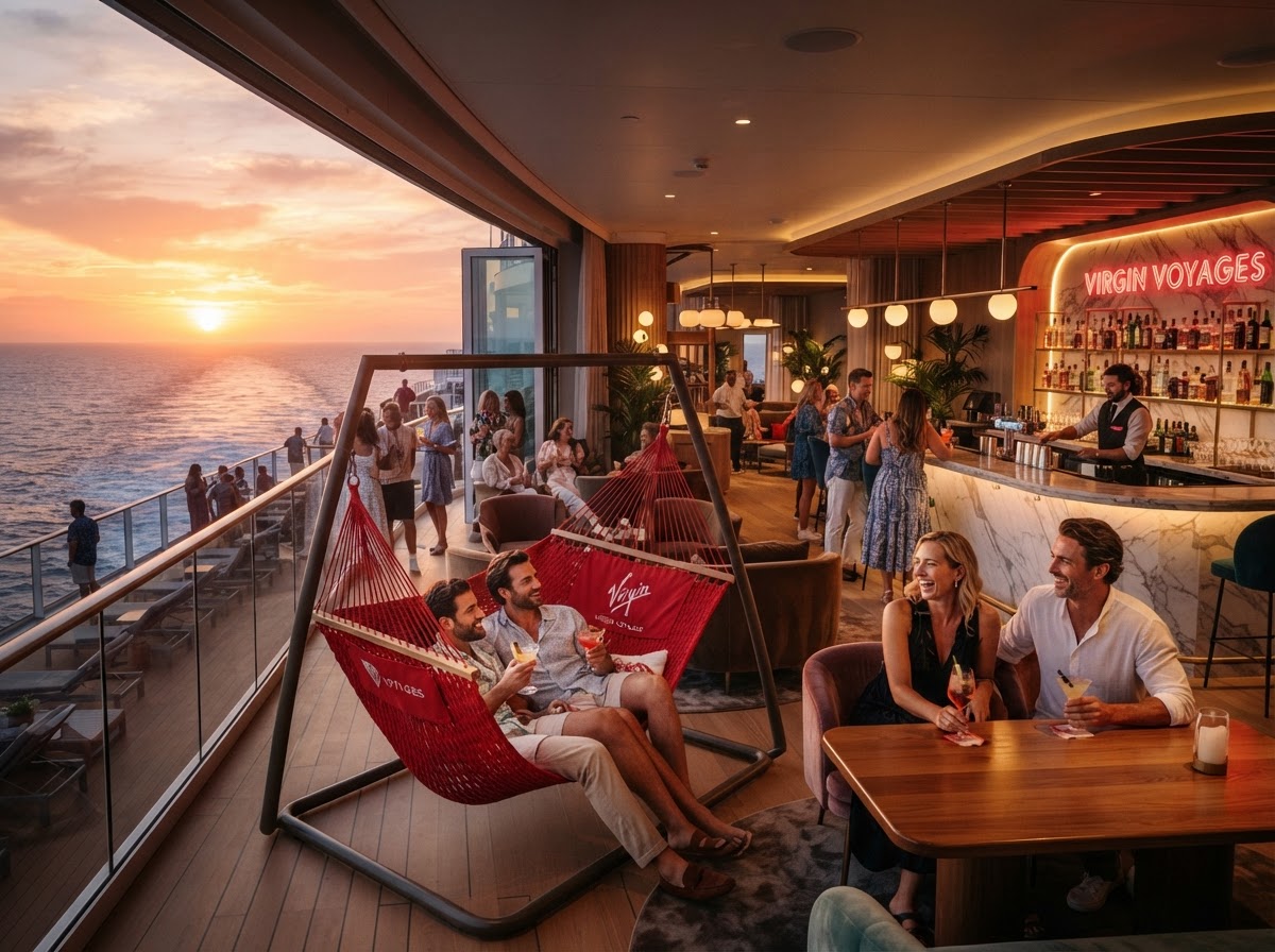Virgin Voyages adults-only lounge with modern design and sunset ocean views