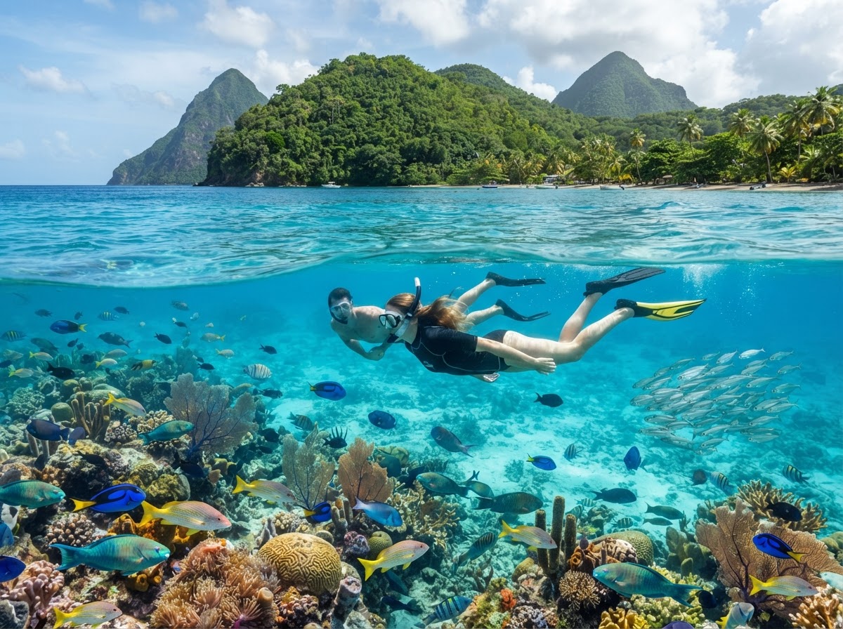Snorkeling over a coral reef in crystal-clear Caribbean water