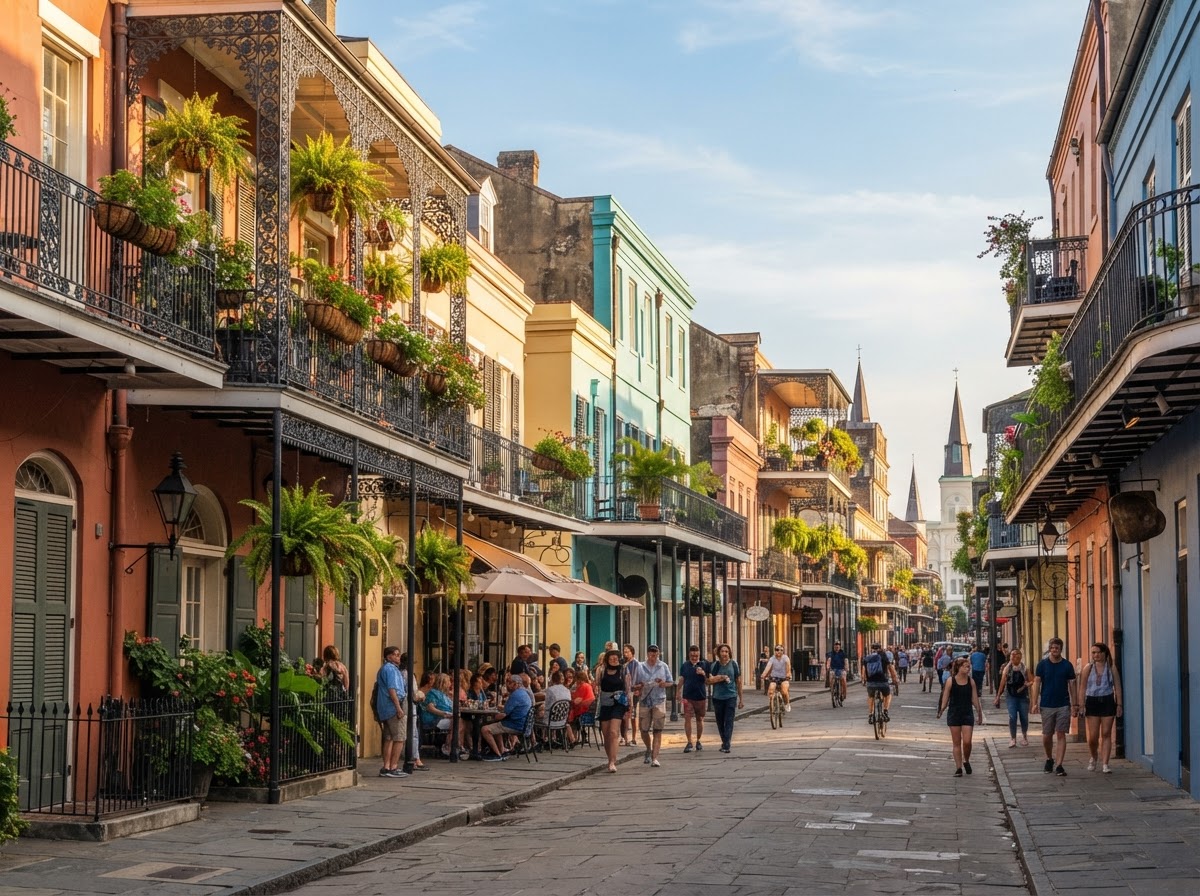 The New Orleans French Quarter with colorful historic buildings, ornate wrought-iron balconies, warm afternoon sunlight, and authentic Southern architectural charm