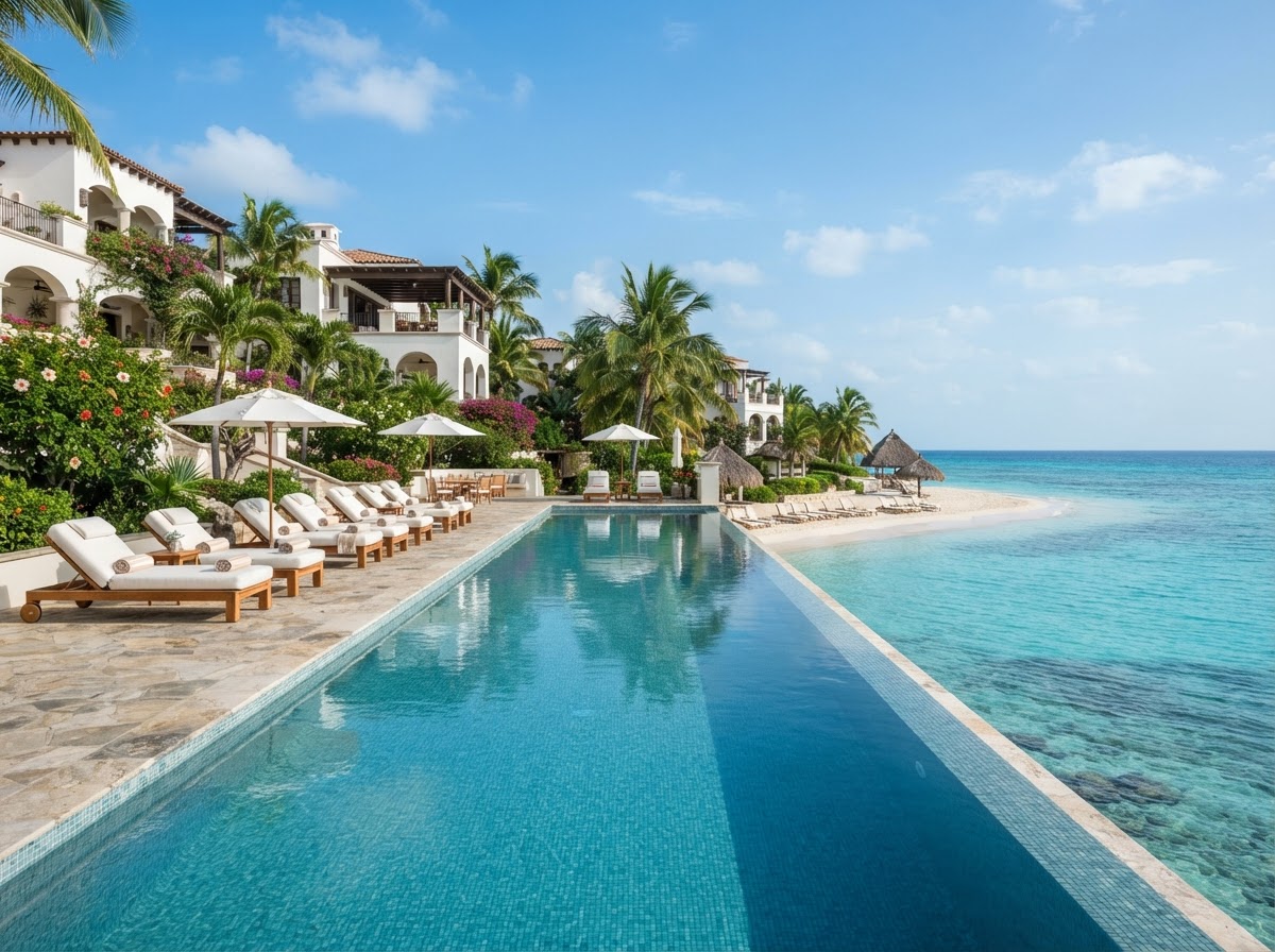 Luxury Caribbean beachfront resort with infinity pool overlooking the ocean