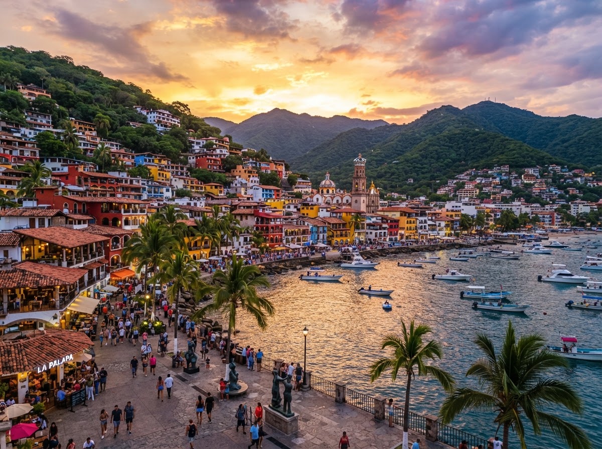 Puerto Vallarta's beautiful waterfront with colorful buildings, lush mountains, and a warm Pacific sunset