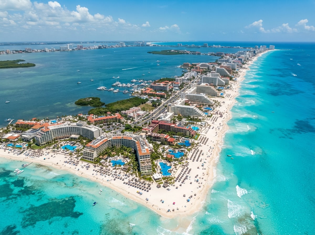Aerial view of Cancún's Hotel Zone with turquoise water, white-sand beaches, and luxury oceanfront resorts