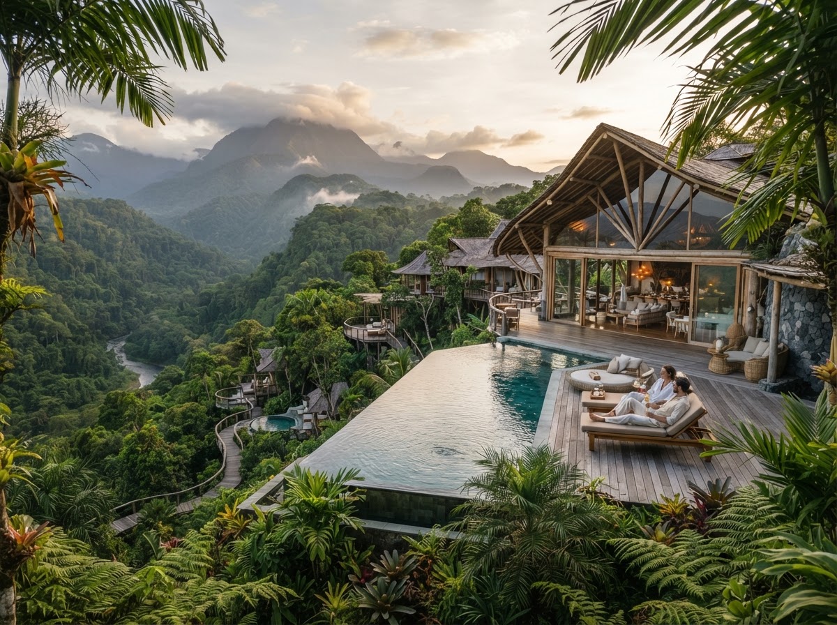 An elegant luxury eco-lodge overlooking tropical mountains and dense rainforest