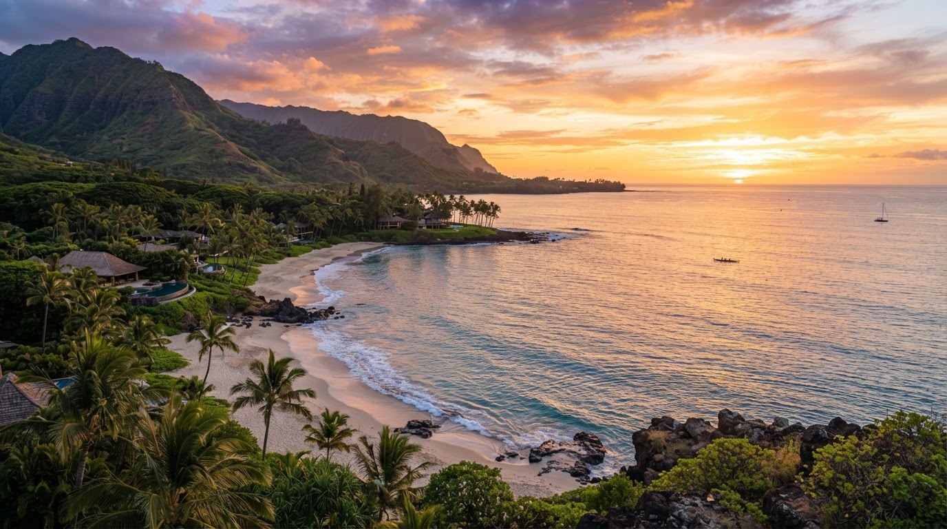 A breathtaking Hawaiian coastline at sunset with warm golden sunlight, tropical palm trees, and peaceful ocean views