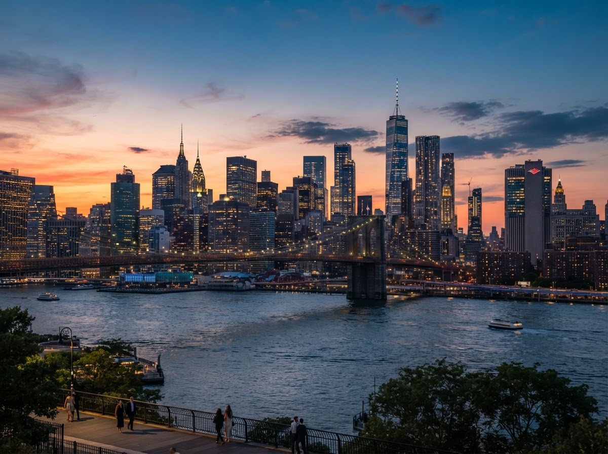 The Manhattan skyline at golden hour with iconic New York architecture, beautiful city lights, and an elegant metropolitan atmosphere