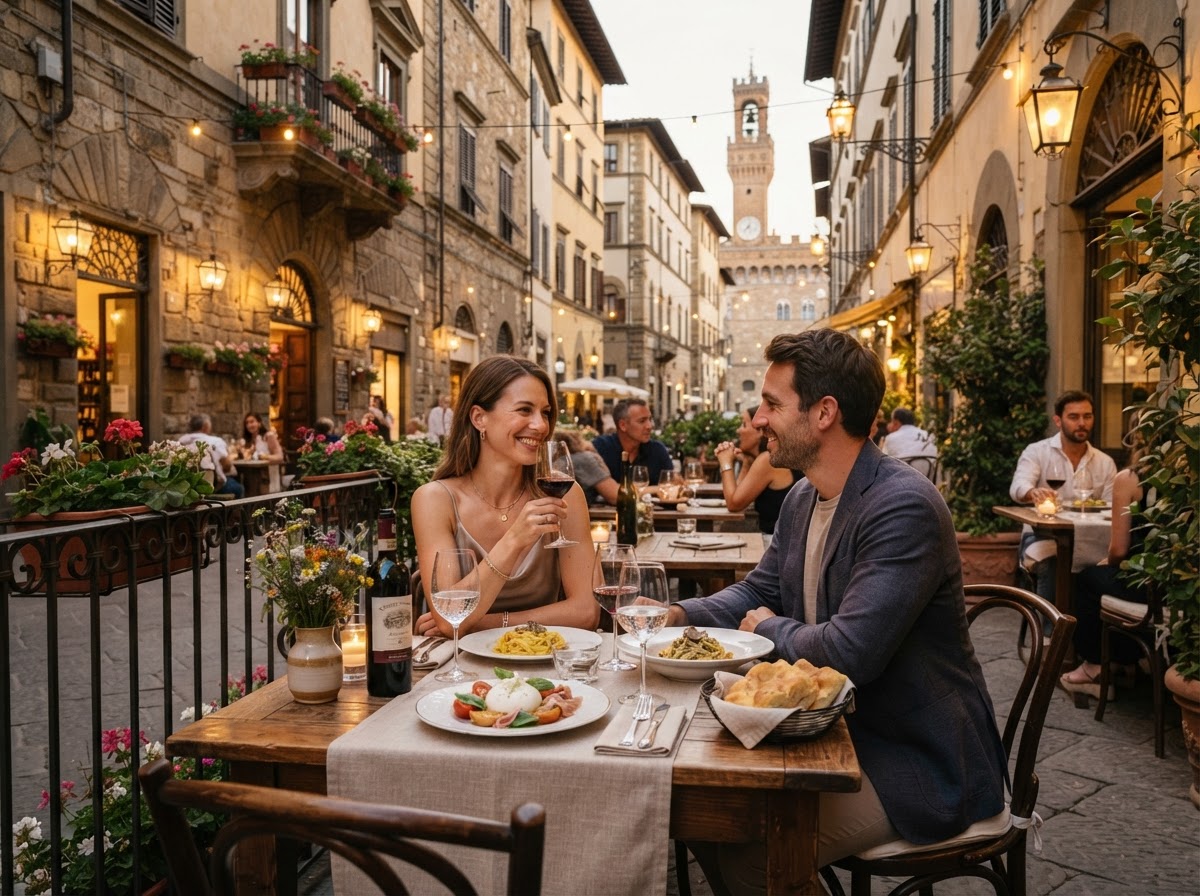 An elegant outdoor European café terrace with beautiful gourmet food and wine on the table, warm evening lighting, and charming historic architecture in the background