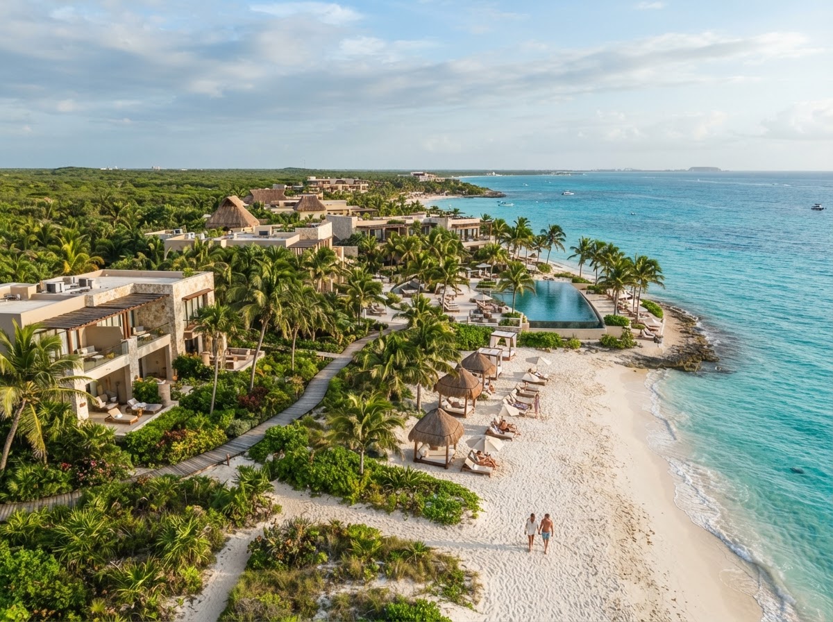 Elegant Riviera Maya beachfront resort surrounded by tropical greenery, white sand, and turquoise Caribbean waters