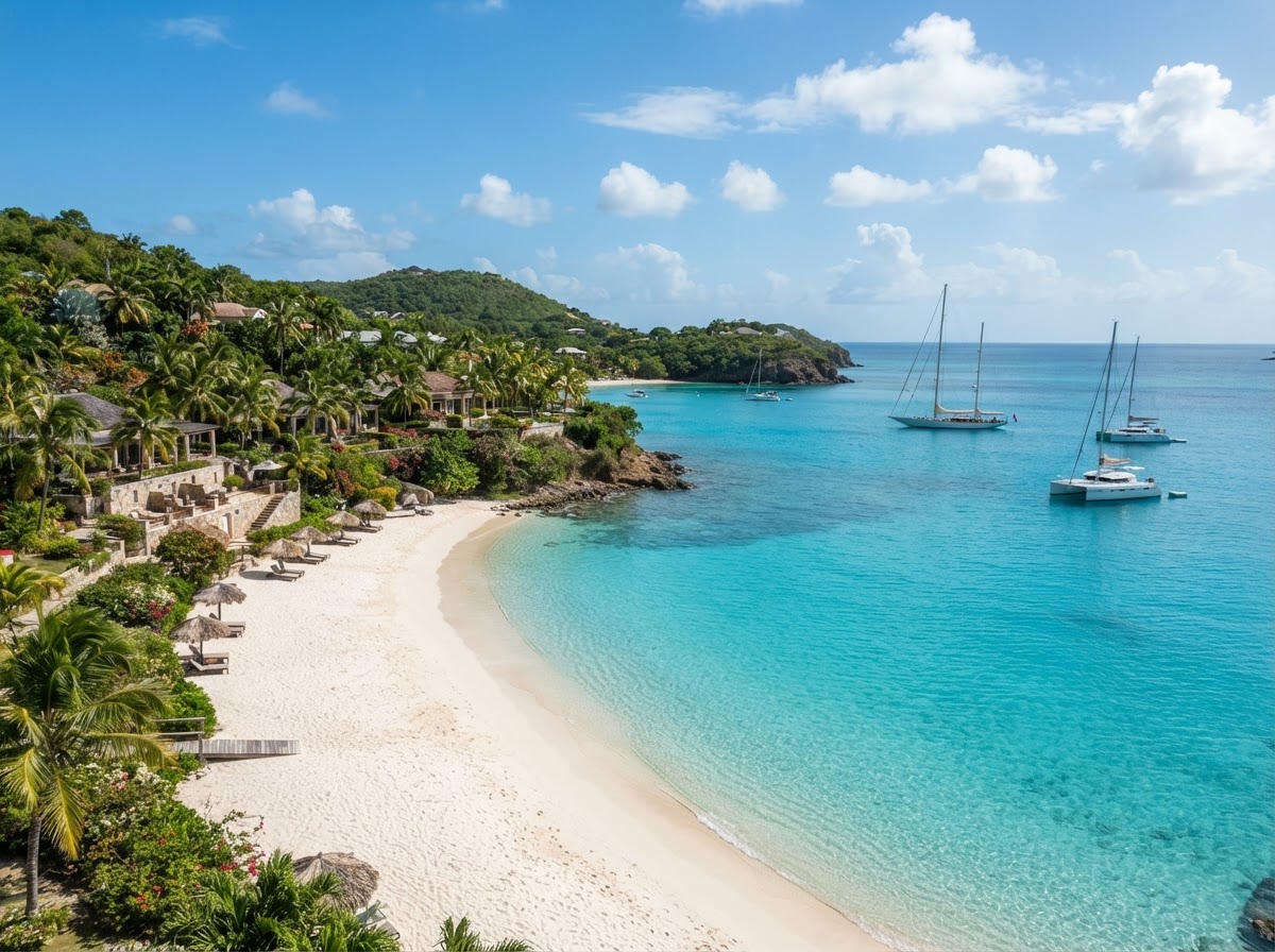 Antigua coastline with sailboats, white-sand beaches, and turquoise water