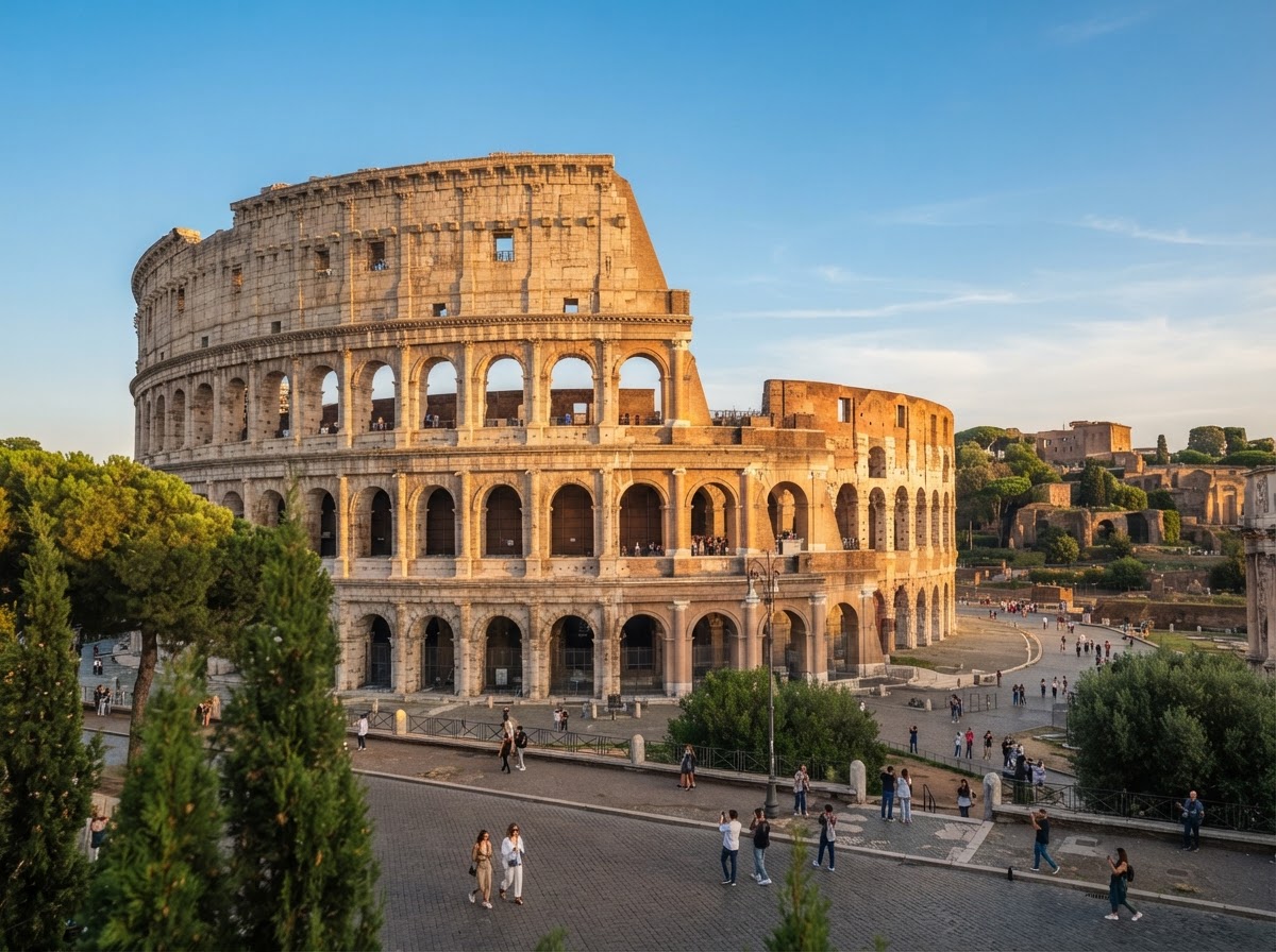 A stunning editorial travel photograph of the Colosseum in Rome illuminated by soft golden late-afternoon sunlight, with authentic ancient Roman architecture and a beautiful historic atmosphere