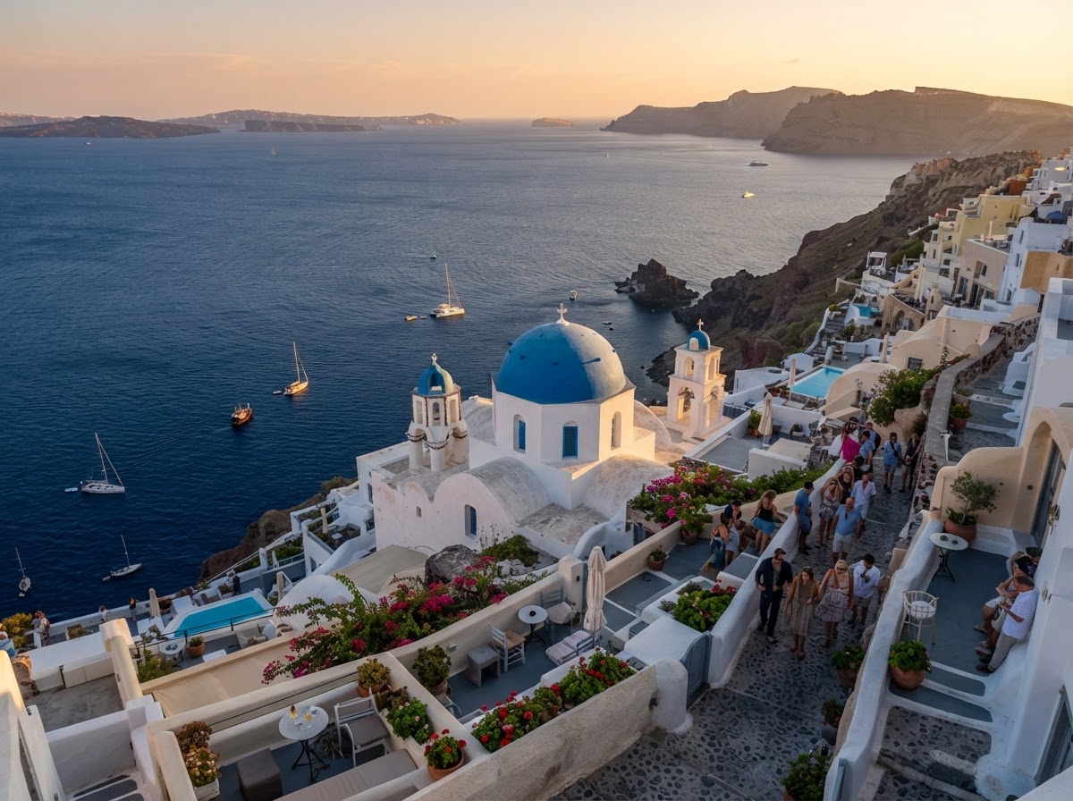 A breathtaking photorealistic image of Oia village in Santorini, Greece, showcasing beautiful whitewashed Cycladic buildings, iconic blue-domed churches, spectacular caldera cliffs, and deep blue Aegean waters in warm golden-hour light