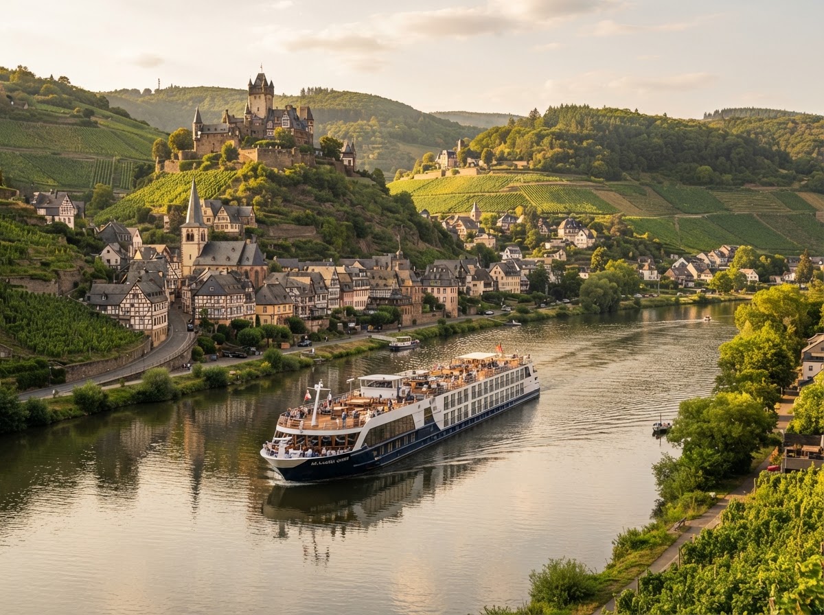 An elegant European river cruise ship sailing along a scenic river surrounded by historic buildings, charming architecture, and soft golden afternoon light