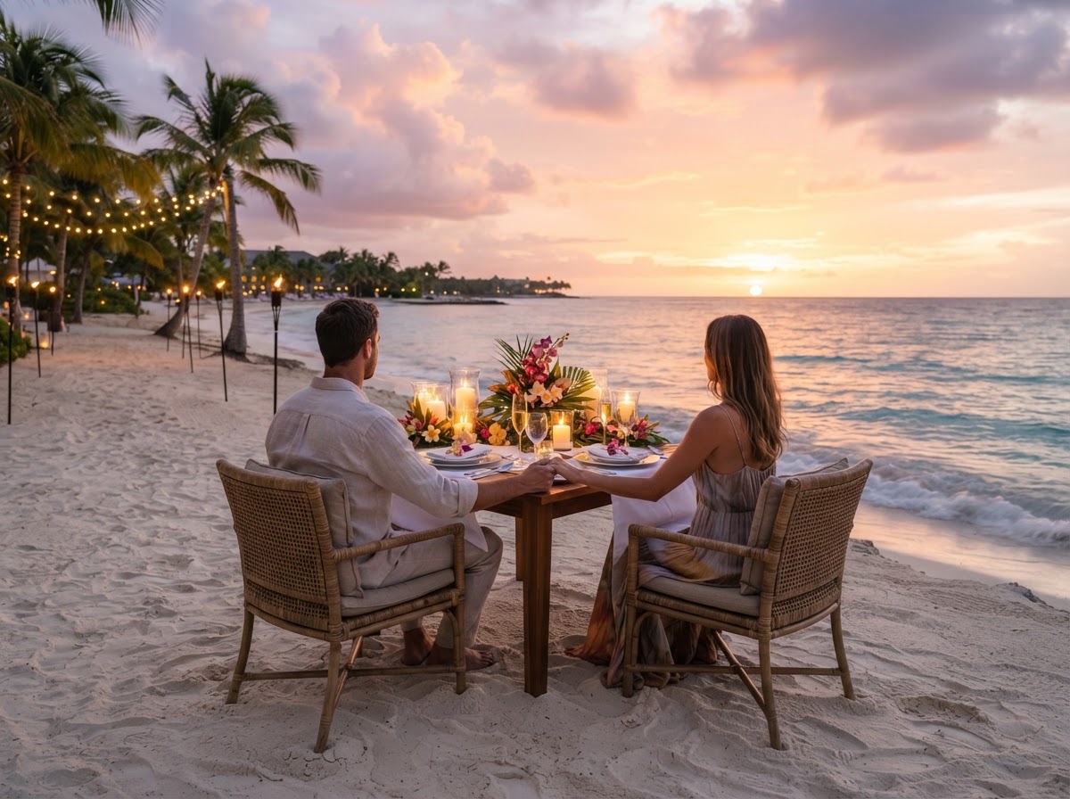 Romantic candlelit beachfront dinner at sunset overlooking the Caribbean Sea