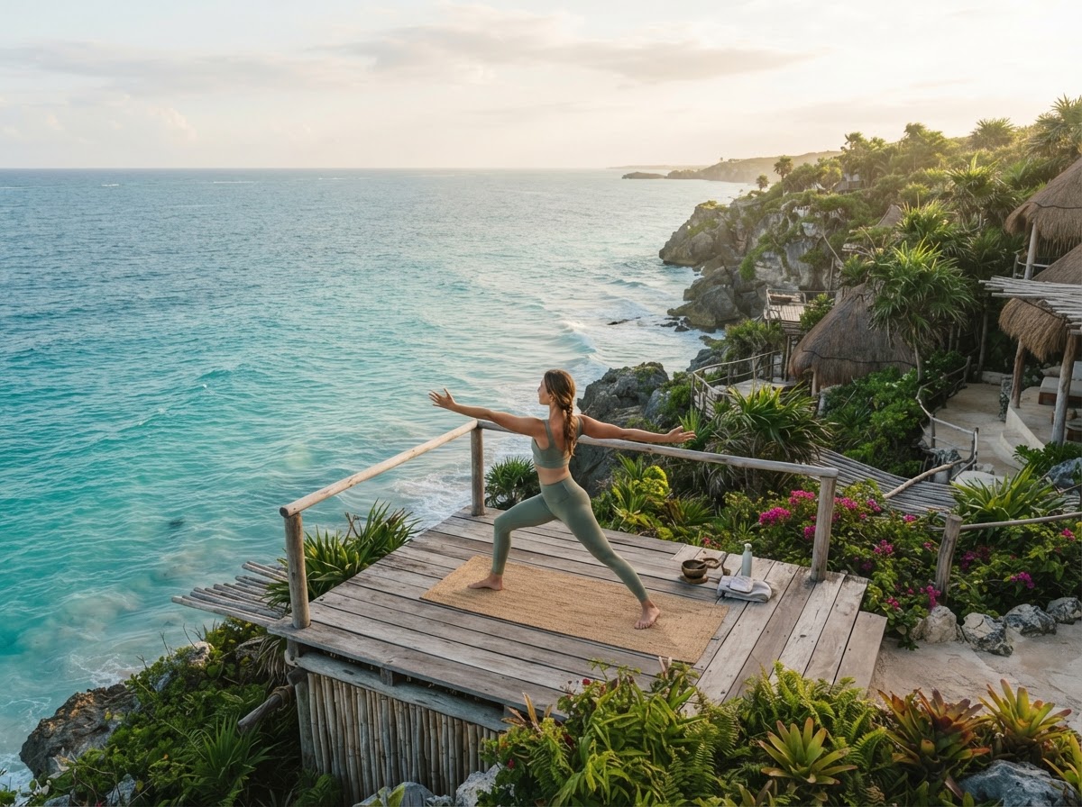 Peaceful wellness retreat with yoga overlooking the Mexican coastline