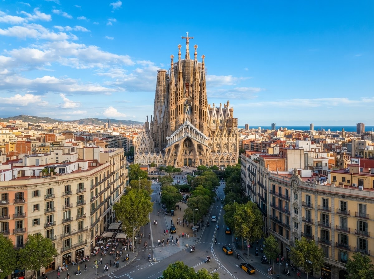 A beautiful photorealistic view of Barcelona featuring Antoni Gaudí's Sagrada Família, authentic city architecture, and warm Mediterranean sunlight