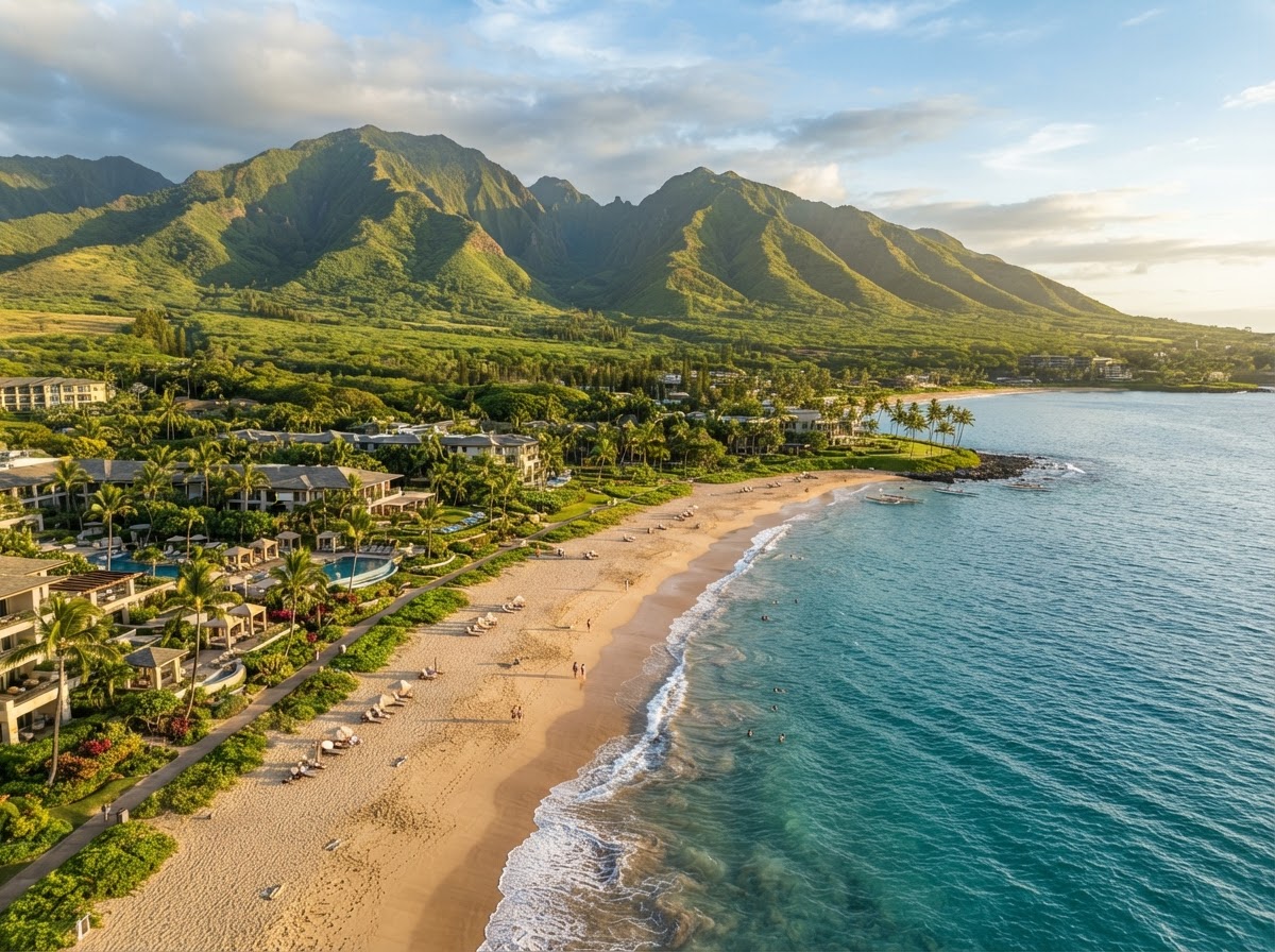 A Hawaiian coastal scene in Maui showing lush green tropical mountains, a beautiful golden sand beach, sparkling Pacific Ocean, and luxury resort surroundings