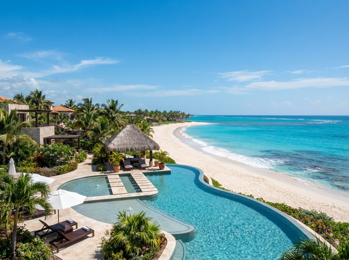 Punta Cana luxury beachfront resort with infinity pool and turquoise water