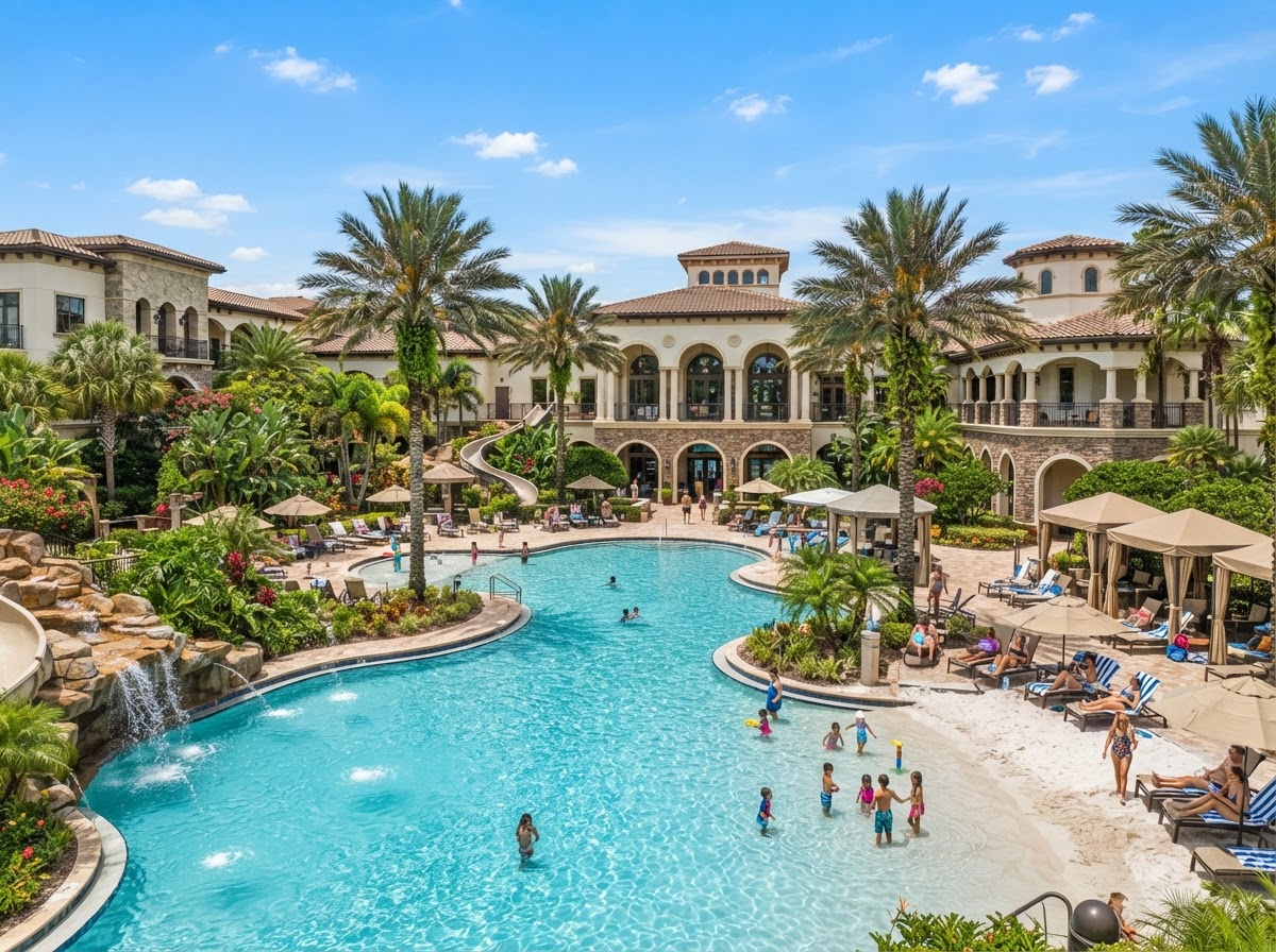 A beautiful luxury family resort in Orlando with a tropical pool, elegant resort architecture, palm trees, and an inviting vacation atmosphere
