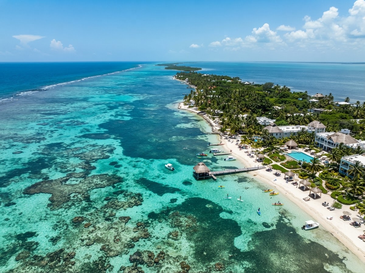 Aerial travel photograph of Ambergris Caye in Belize showing crystal-clear Caribbean waters, tropical island scenery, coral reef, and an elegant beachfront resort