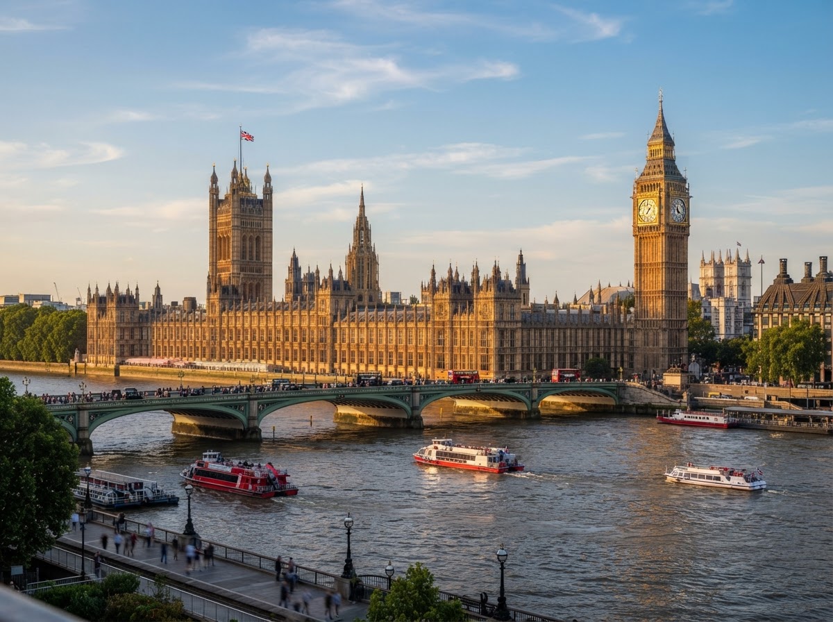 A breathtaking editorial photograph of the London Westminster skyline featuring Big Ben, the River Thames, and beautiful historic architecture illuminated by warm late-afternoon sunlight
