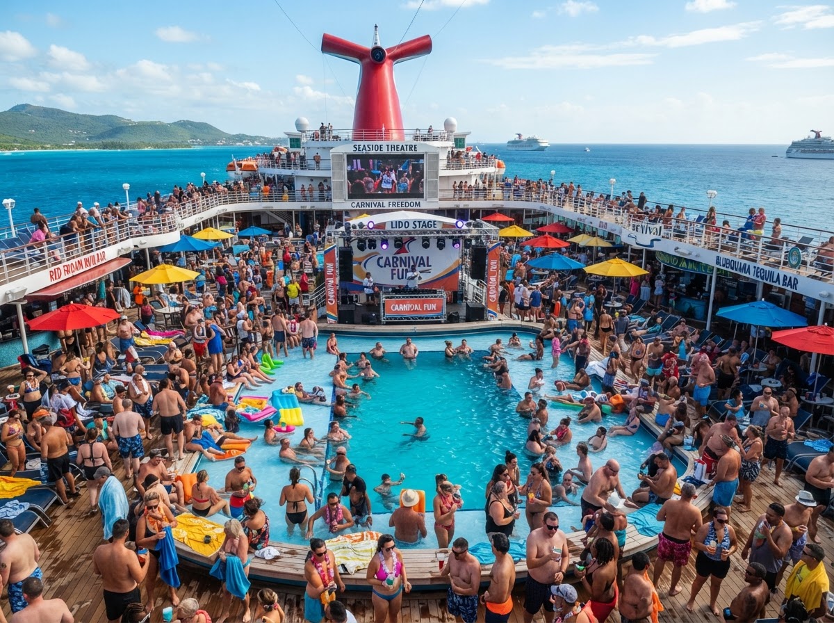 Carnival Cruise Line pool deck with lively daytime entertainment and ocean views