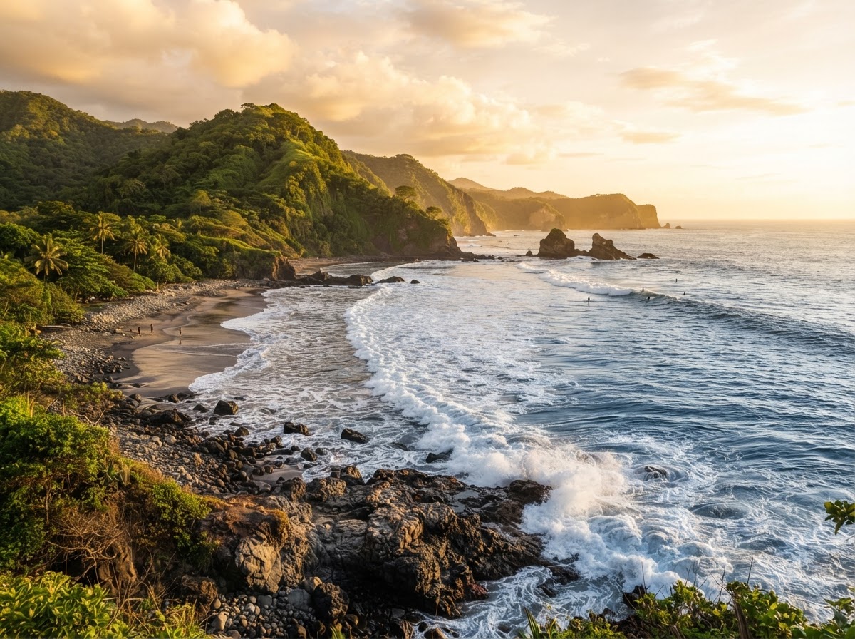 Scenic photograph of El Salvador's Pacific coastline featuring dramatic ocean views, tropical green hills, and beautiful golden sunlight
