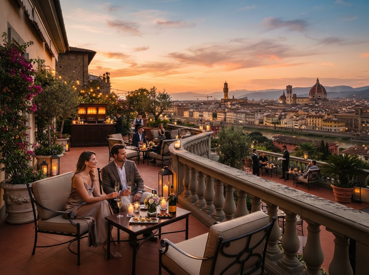 A beautiful luxury European hotel terrace overlooking a historic city at sunset with elegant outdoor seating and warm golden lighting