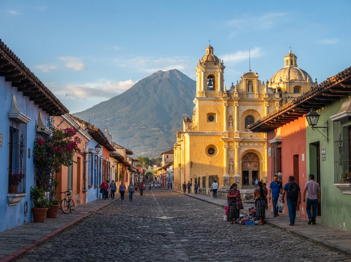 Beautiful photography of Antigua Guatemala's colorful colonial architecture and traditional streets