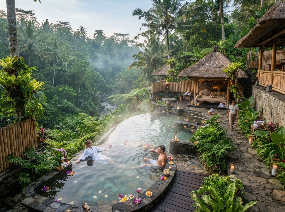 Elegant jungle spa retreat with natural hot springs, tropical greenery, and peaceful luxury surroundings