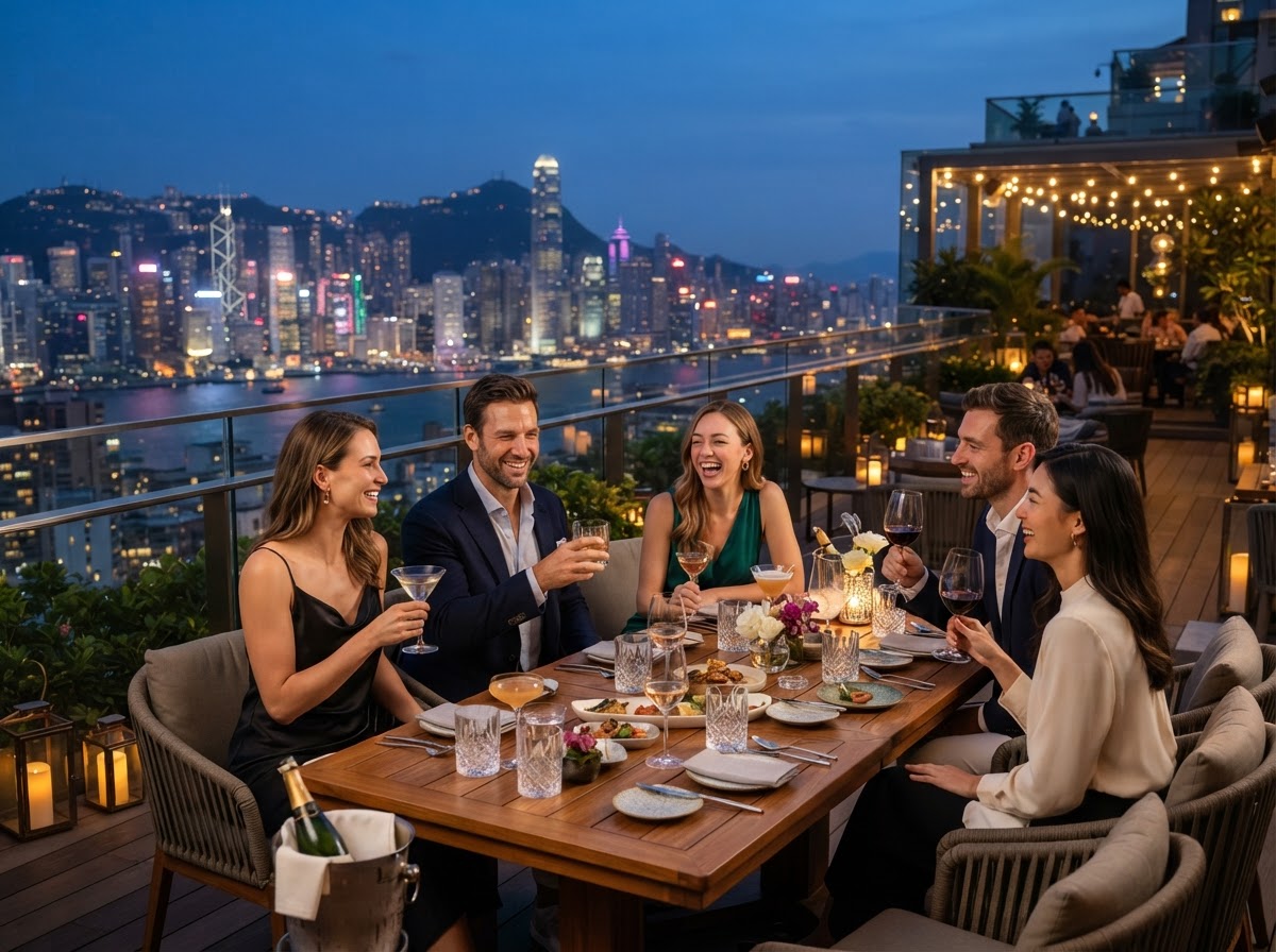 A stylish group of adult friends enjoying a beautiful rooftop restaurant overlooking a city skyline at evening