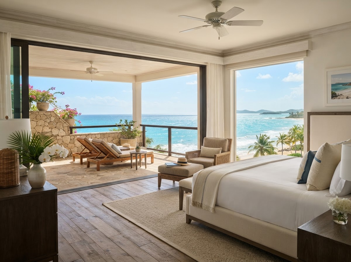 Luxury beachfront resort suite opening to a turquoise ocean view