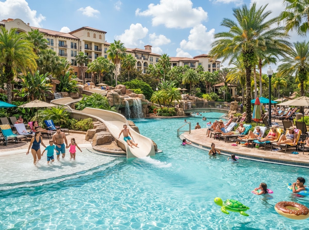 An inviting Orlando family resort experience with a beautiful pool, palm trees, and bright Florida sunshine