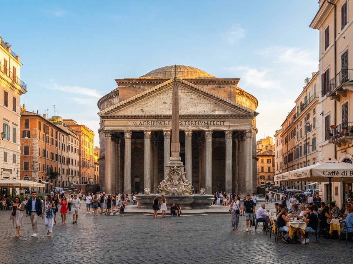 Beautiful historic Roman architecture featuring a scenic Italian piazza with ancient landmarks and warm golden sunlight