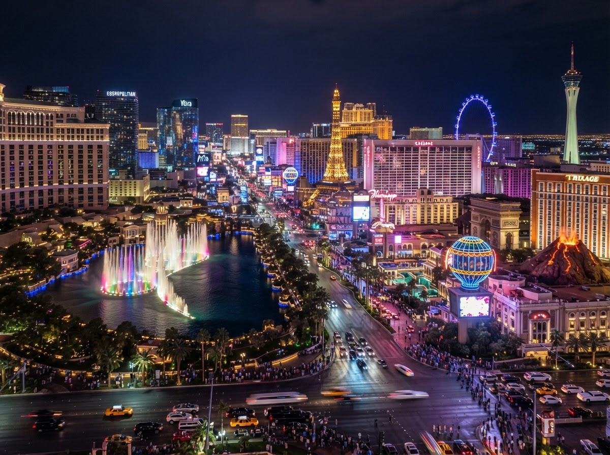 The Las Vegas Strip at night with illuminated luxury hotels, dramatic colorful city lights, and elegant nighttime scenery