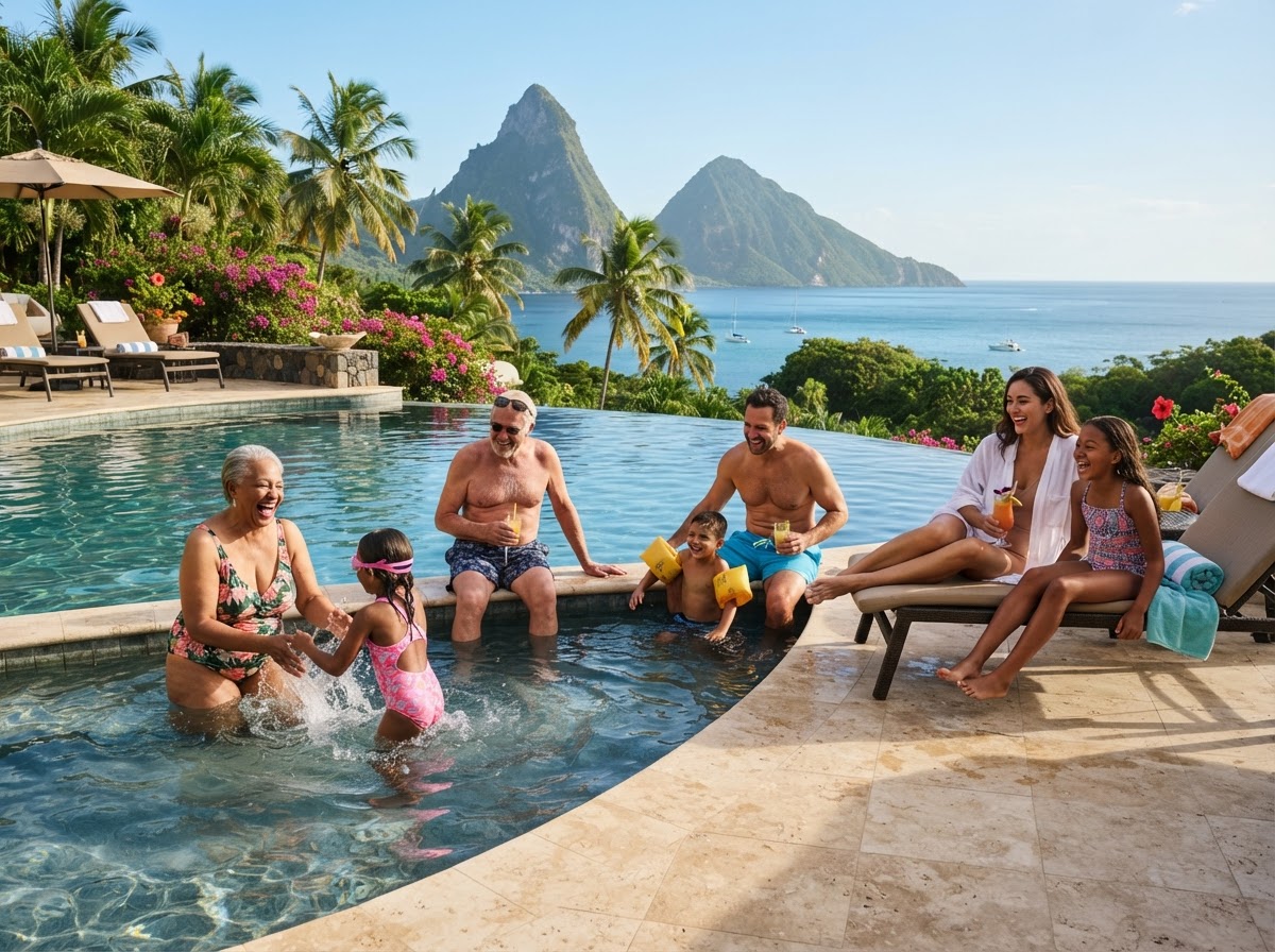 Family enjoying a Caribbean resort pool together