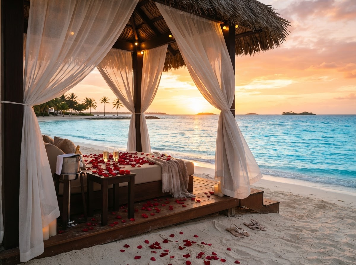 Romantic candlelit beachfront dinner at sunset in the Caribbean