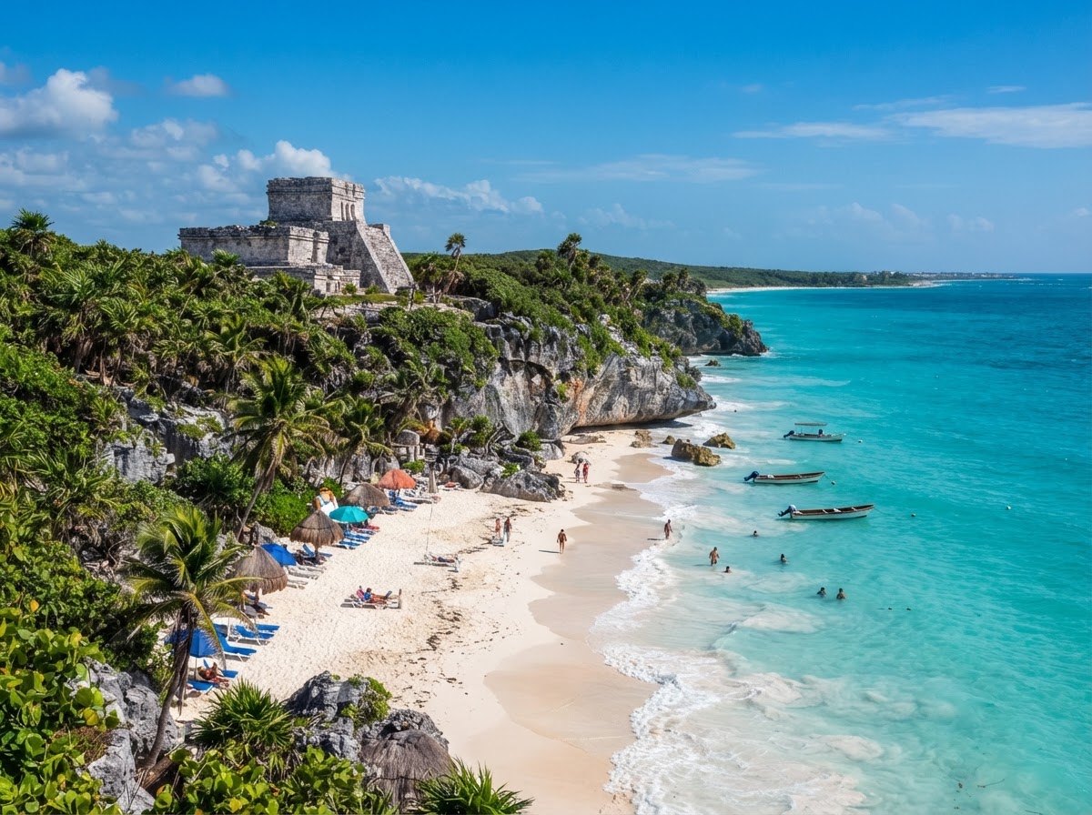 Scenic Tulum coastline with turquoise water, white-sand beaches, lush jungle, and the famous seaside Maya ruins