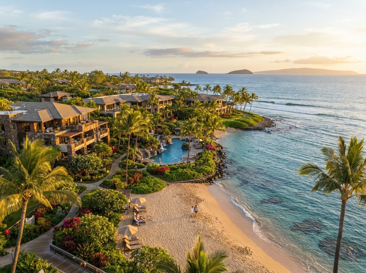 A peaceful Maui beachfront resort with lush tropical greenery, beautiful ocean views, and golden sunlight