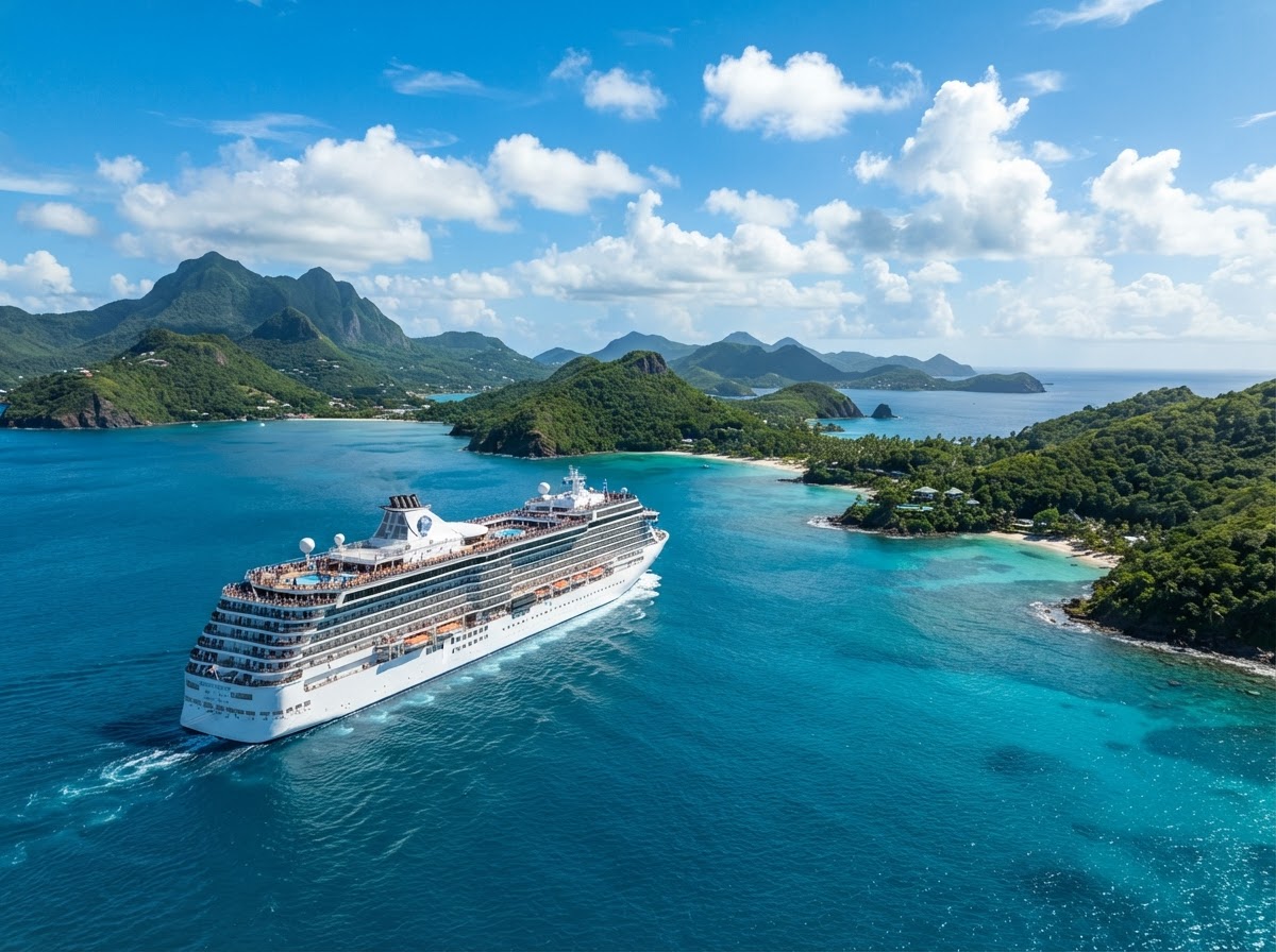 Cruise ship sailing past tropical islands in turquoise water