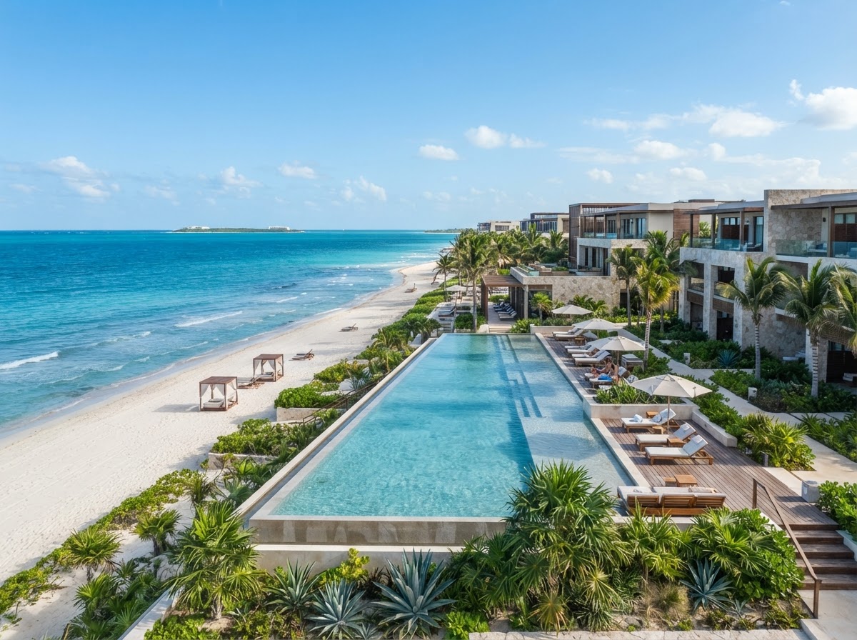 Modern luxury Costa Mujeres resort overlooking a quiet white-sand beach and turquoise Caribbean water