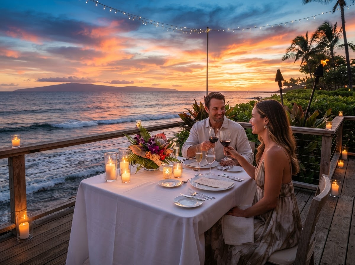 A romantic oceanfront sunset dinner in Maui with luxurious elegant table settings and a beautiful tropical sunset over the Pacific Ocean