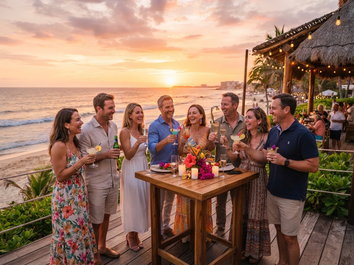 Friends celebrating a milestone together at a Mexican beach resort
