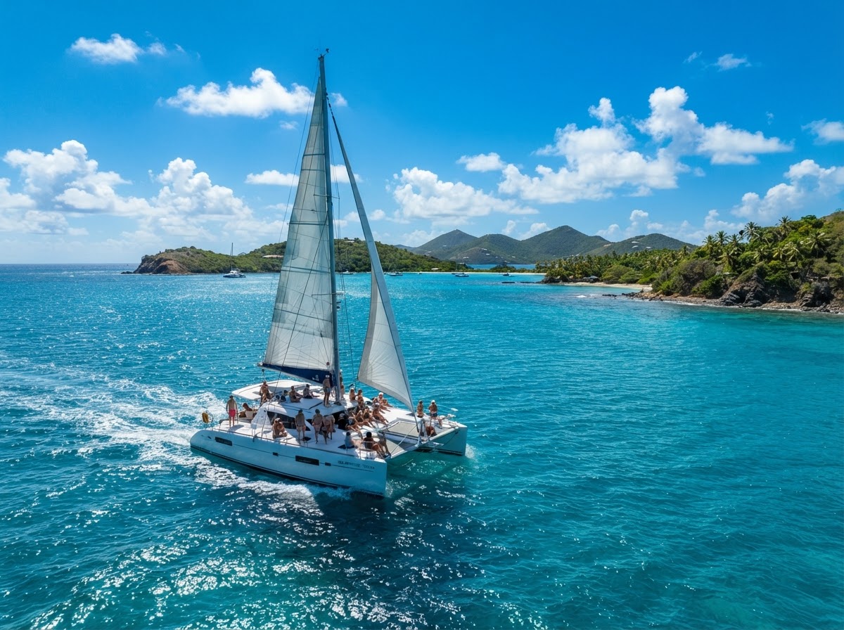 Catamaran sailing on sparkling turquoise Caribbean water