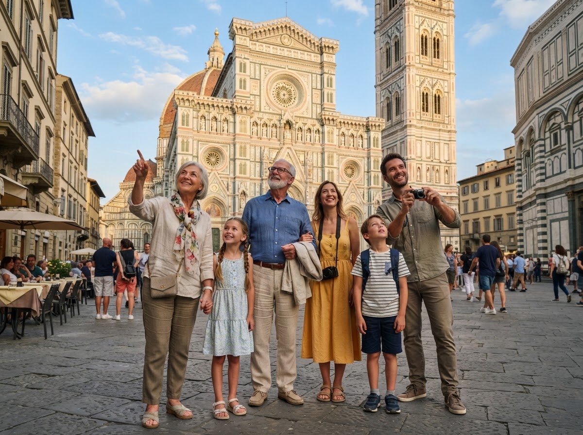A multigenerational family admiring beautiful European architecture together in a historic city square in warm natural sunlight