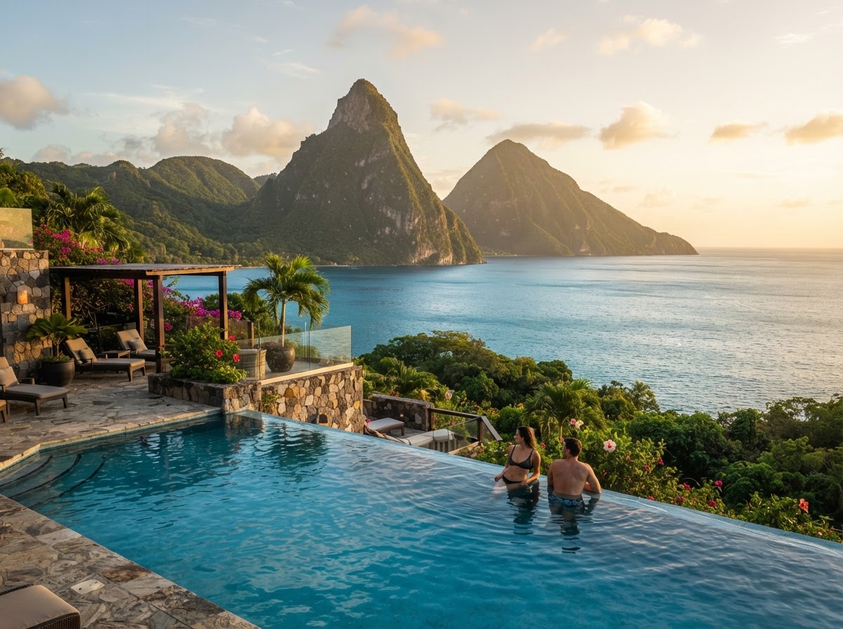 Saint Lucia's Piton mountains overlooking the Caribbean Sea with a hillside resort
